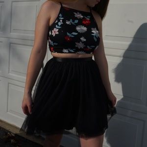 Black mock-two-piece dress with embroidery flowers